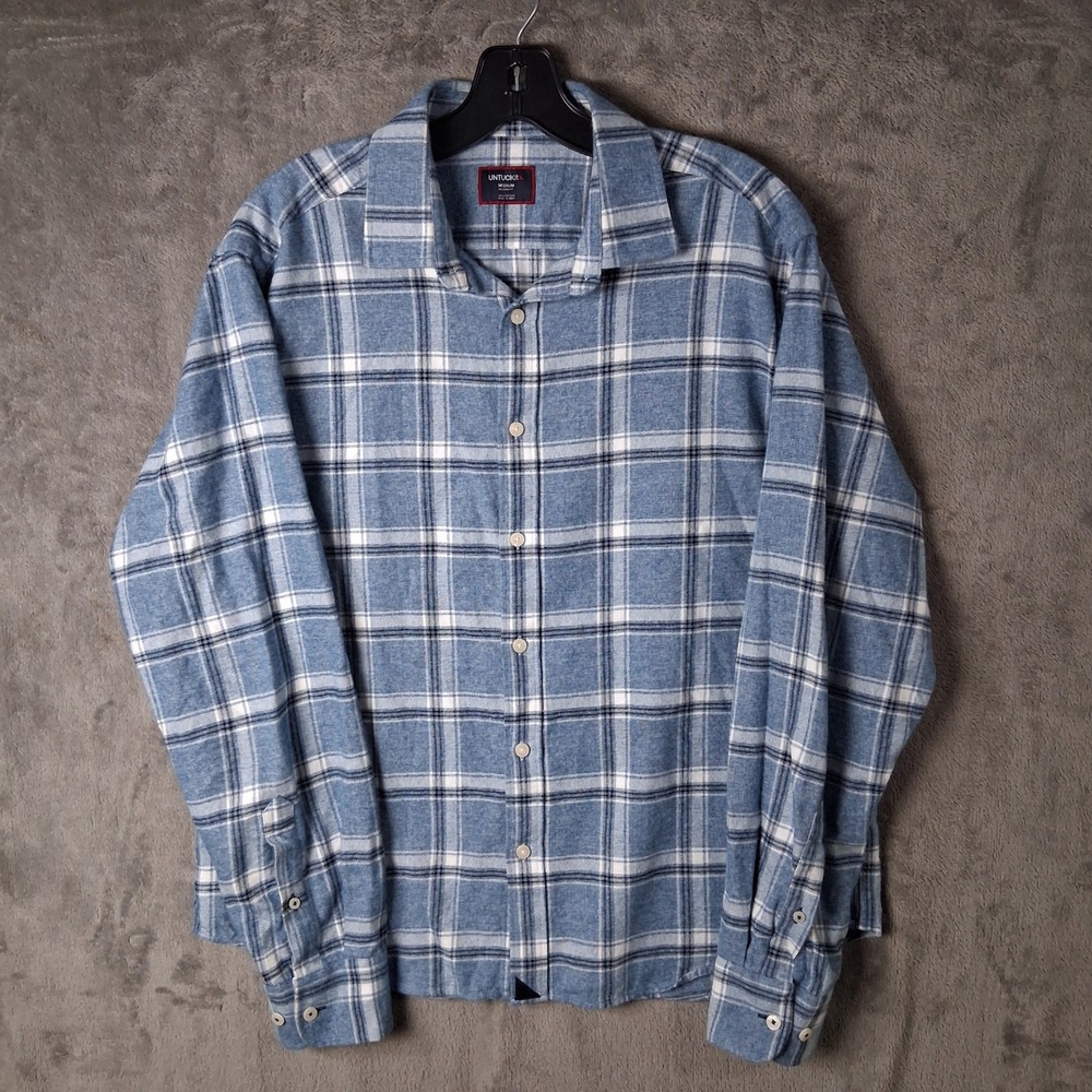 UNTUCKit Salentino Blue Plaid Flannel Shirt Mens Medium Relaxed Fit 41706